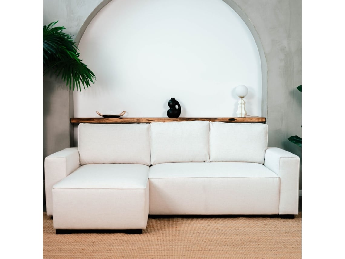 Sofá Cama 3 Lugares BUDWING Jade Bege + Chaise Longue + Arrumação Integrada (239 x 157 x 91 cm - Reversível Lado Direito/Esquerdo)