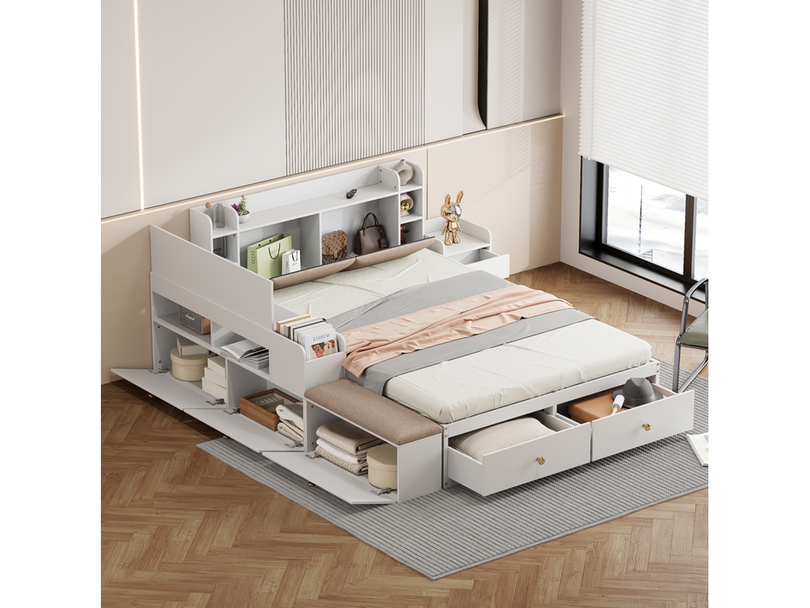 Cama De Casal Em Madeira Maciça 140x200 Cm - Com Gavetas E Banco De Arrumação - Branco
