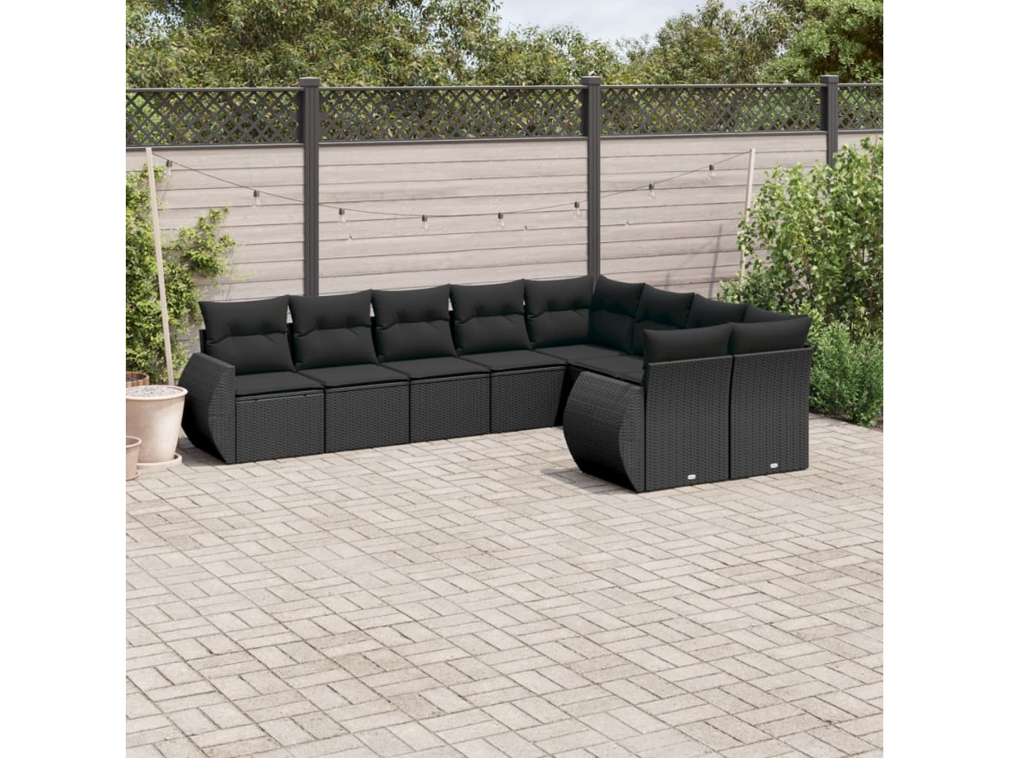 Conjunto 9 de sofás p/ jardim c/ almofadões vime PE preto