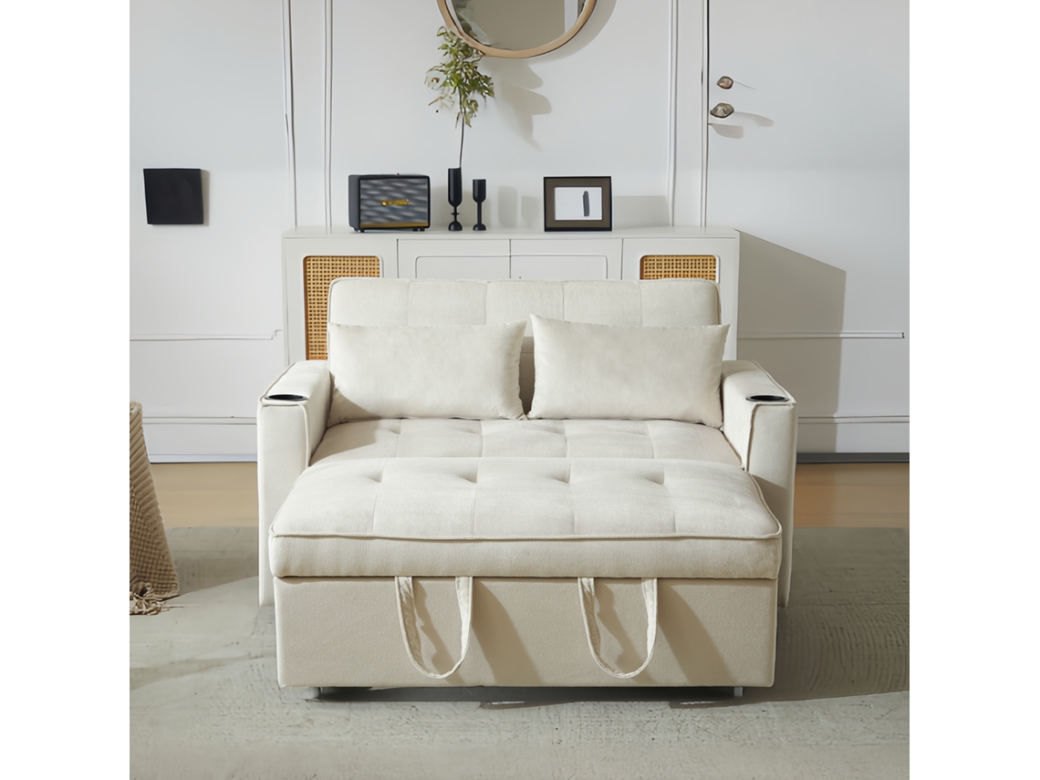 Sofá Cama Rebatível Multi Ângulo Ajustável 2 Lugares Tecido De Veludo Com Porta Copos E Almofadas Bege Mobrio