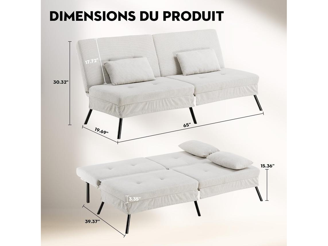 Sofá-Cama com Função de Dormir, Sofá Futon Dobrável, Sofá de Canto, Sofá de 3 Lugares, com Encosto AjustáVel em Bombazine Bege COMHOMA