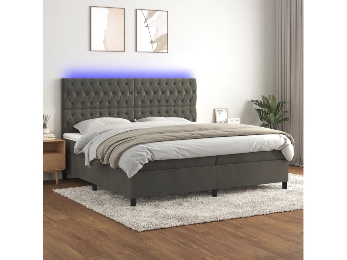 Cama Box Spring VIDAXL Colchão/LED (Cinzento - Veludo - 200 x 200 cm)