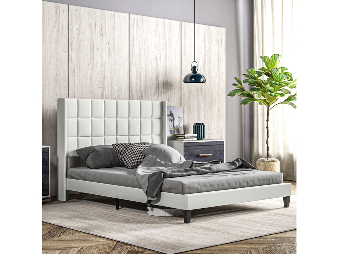 Cama De Casal Madeira De Eucalipto E Poliéster Cor Beige 142x197x110 Cm Homcom