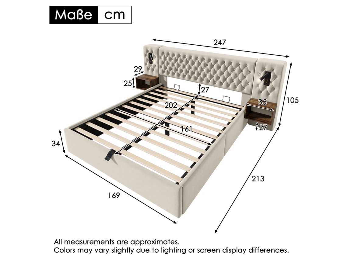 Cama De Casal 160x200 Cm Com Cabeceira De Armazenamento, Iluminação Led, Almofada Bege De Veludo E Estrutura De Madeira Haochrymec (247x213x105 Cm)