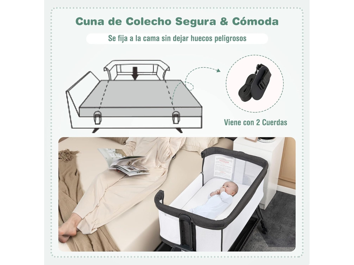 Berço de Viagem Lateral Do Bebê Berço Dobrável Portátil com Colchão e Cremalheira de Armazenamento 7 Alturas Ajustáveis COSTWAY