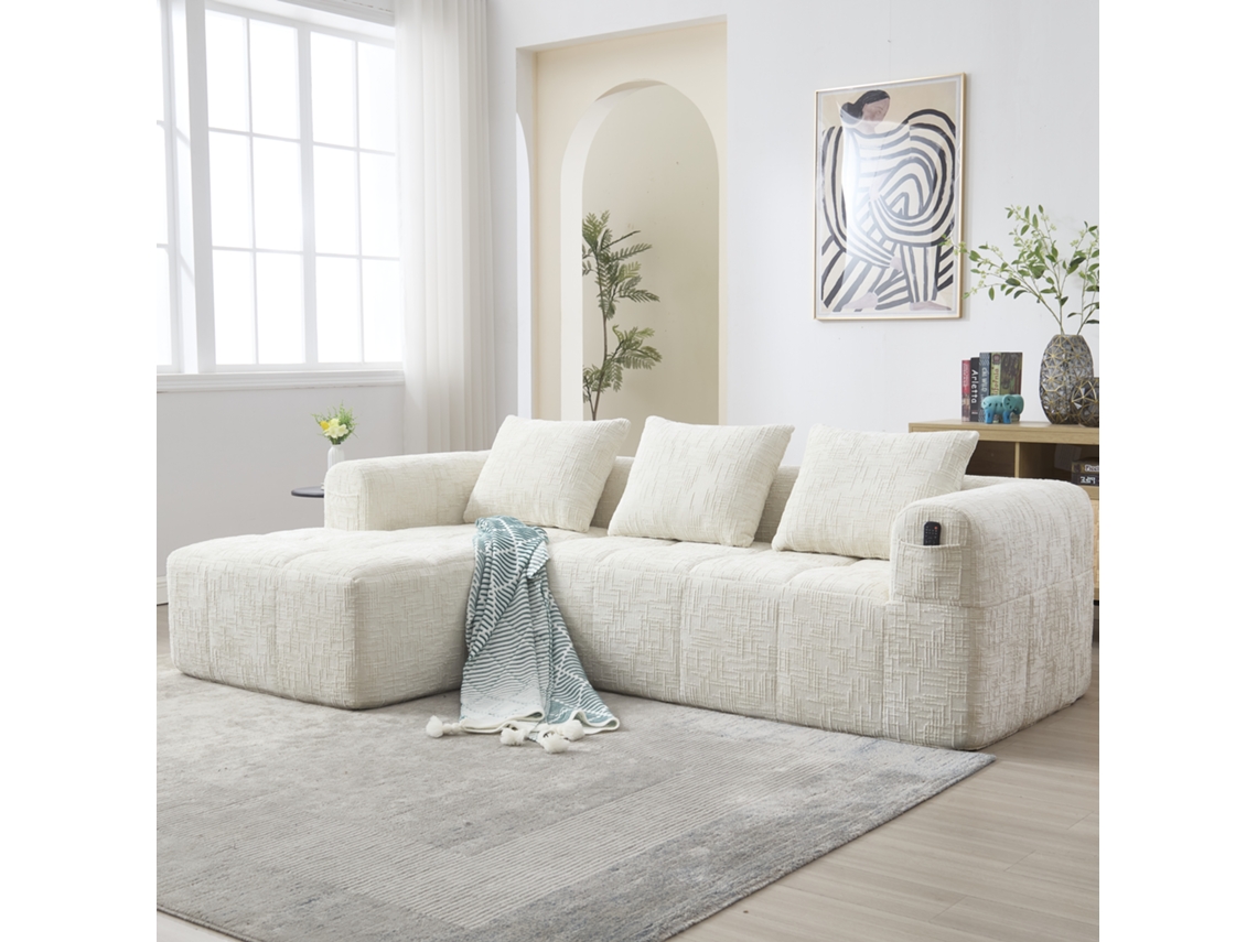 Sofá Secional Moderno De 3 Lugares Sofá Em Chenille Com Chaise Longue, Apoios De Braços, 3 Almofadas, Bolso Lateral Para Comando Remoto Bege Estilo