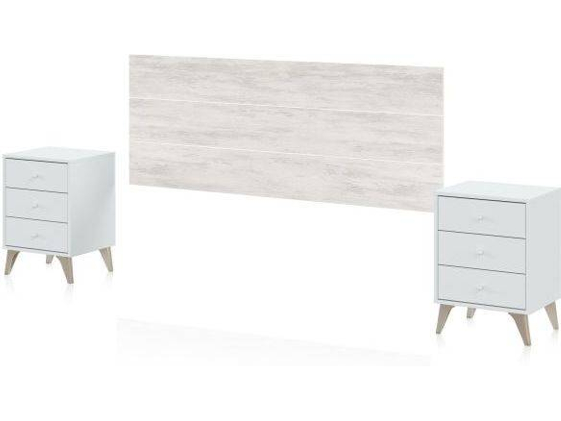 Cabeceira de Cama com duas Mesas de Cabeceira HABITDESIGN Kiona  (Branco Artik - Melamina - Cabeceira: 160 x 60 x 2,5 cm Mesa de Cabeceira: 56 x40 x 33,5 cm )