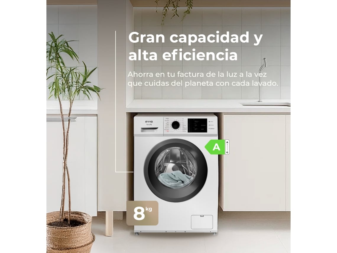 Máquina de lavar roupa Evvo Terra K8 de 8 kg com carregamento frontal, 1200 rpm, classe energética A, 48 cm de profundidade, independente, branca