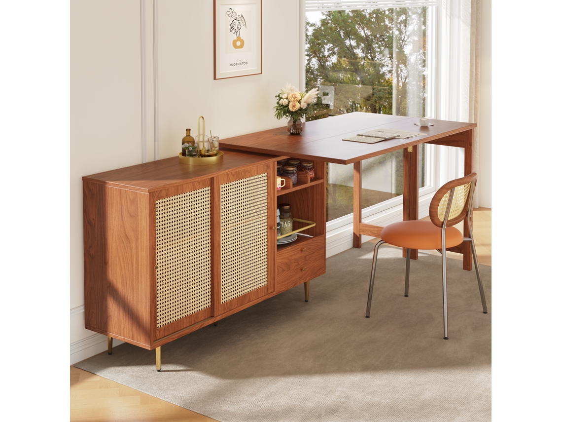 Mesa De Bar Giratória 360°, Com Armazenamento, Prateleira Aberta E Porta De Rattan, Perfeita Para Cozinha E Sala De Jantar Sini Tech Store