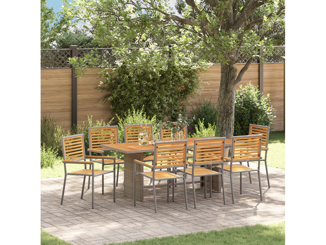 Conjunto 9 De Jantar De Jardim De Vidaxl Cinza Vime Pe Acácia  Cinzento Metal