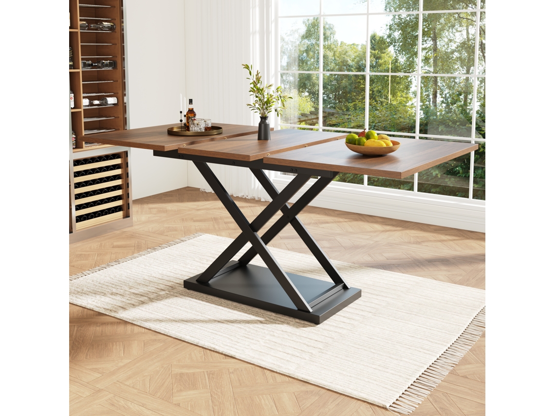 Mesa De Jantar Retrátil Em Mdf E Metal Tampo Com Efeito De Madeira Castanho Estilo