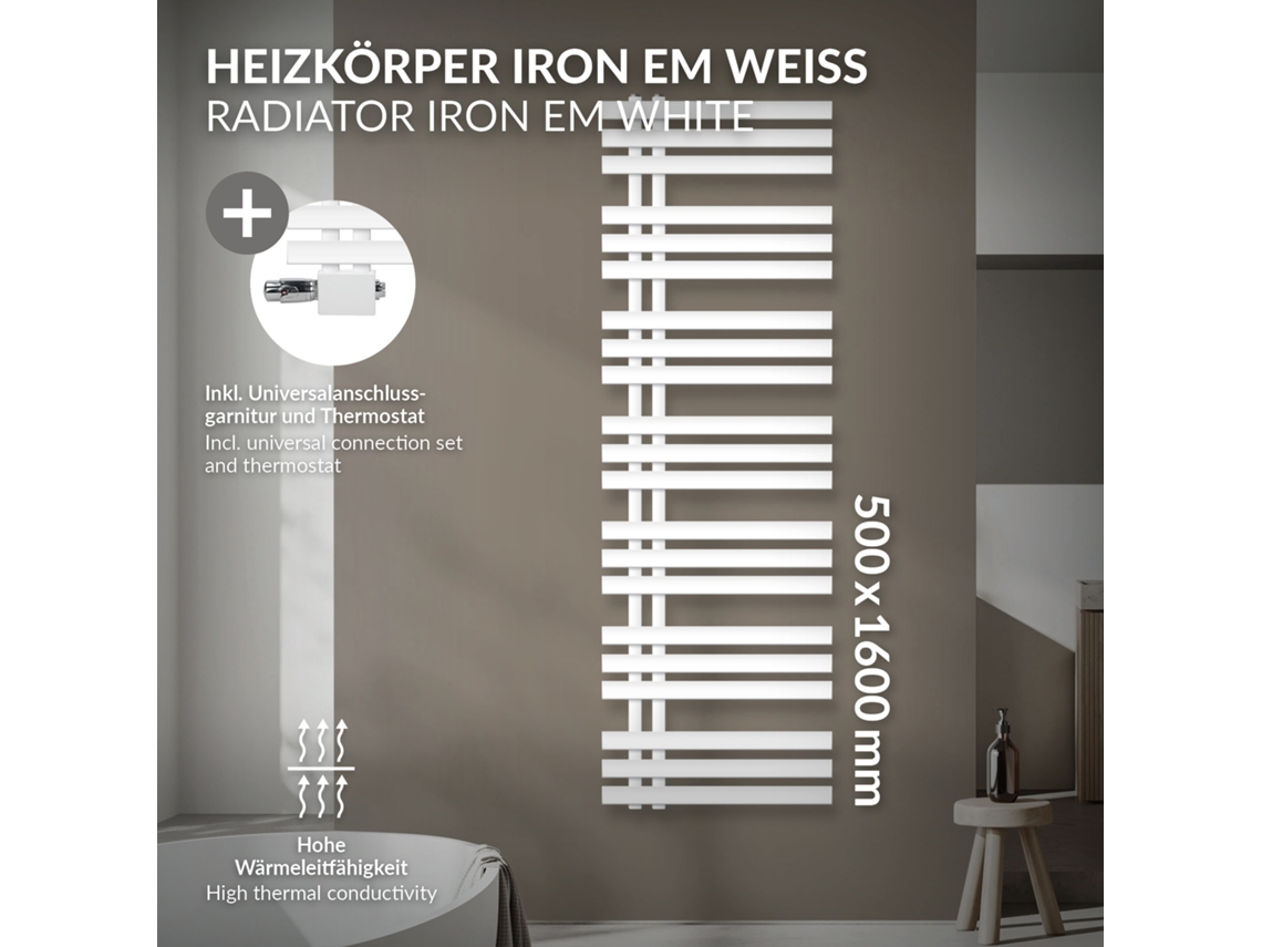 Radiador De Casa De Banho De Ligação Central 500x1600 Mm Branco Luxebath