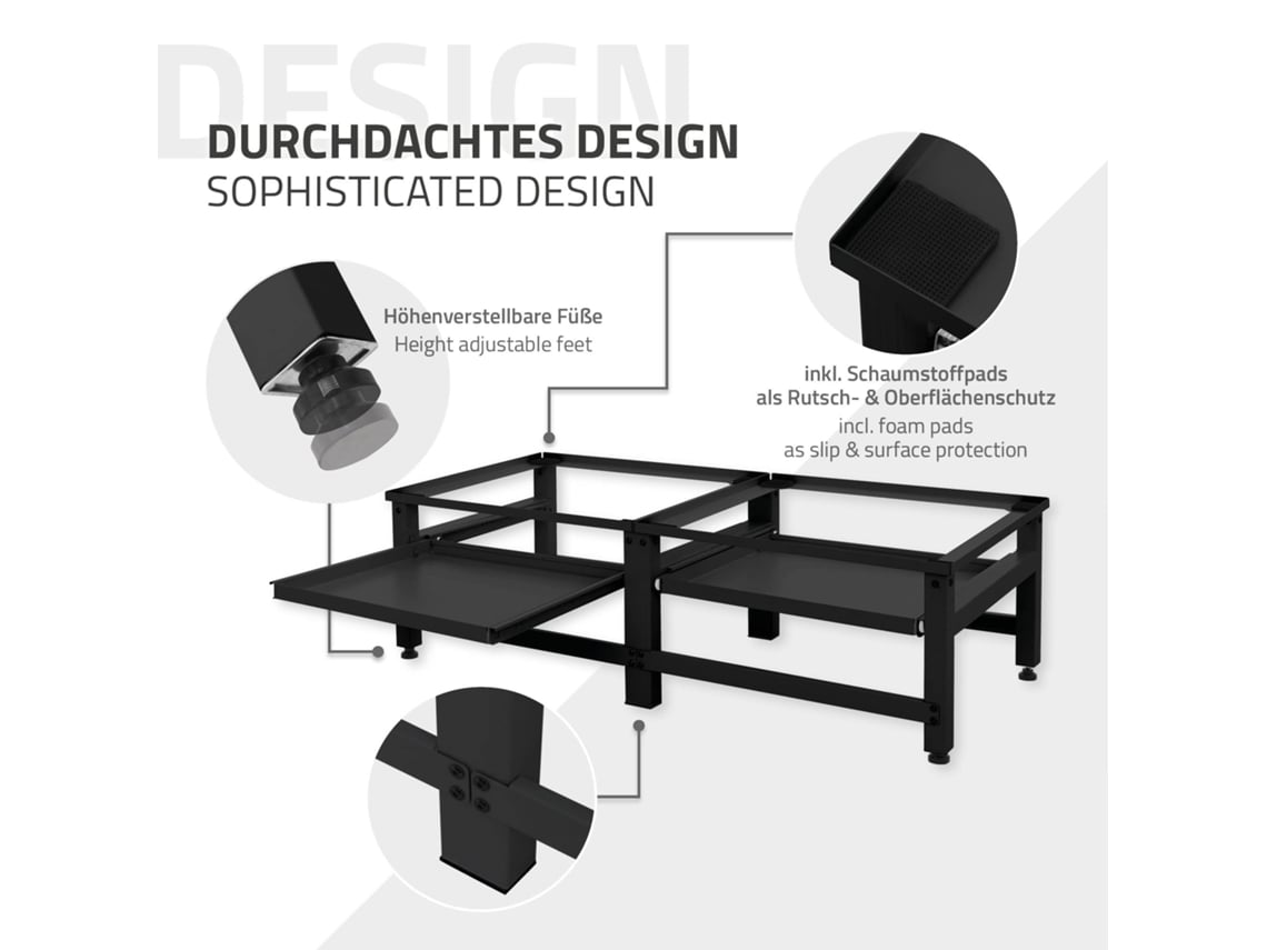 Conjunto de 2 Bases para Máquina de Lavar Roupas com Prateleira Extensível Aço Preto Ml Design