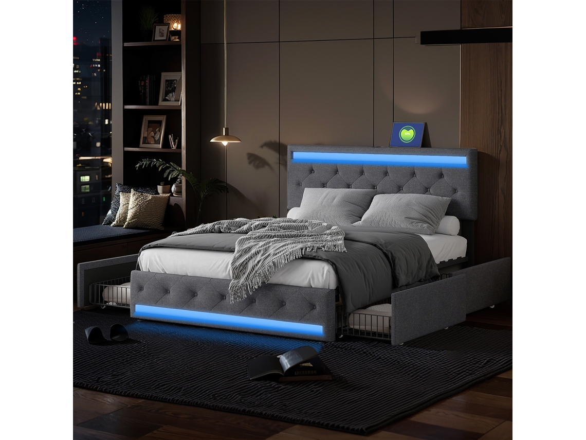 Cama De Casal 140 X 190 Cm, Cama Estofada Com Led, Usb E 4 Gavetas, Para Adolescentes E Adultos Linho Cinzento Sem Colchão Rosahqnda