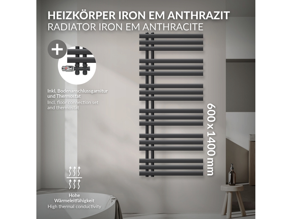 Radiador De Casa De Banho De Ligação Central 600x1400 Mm Antracite Luxebath
