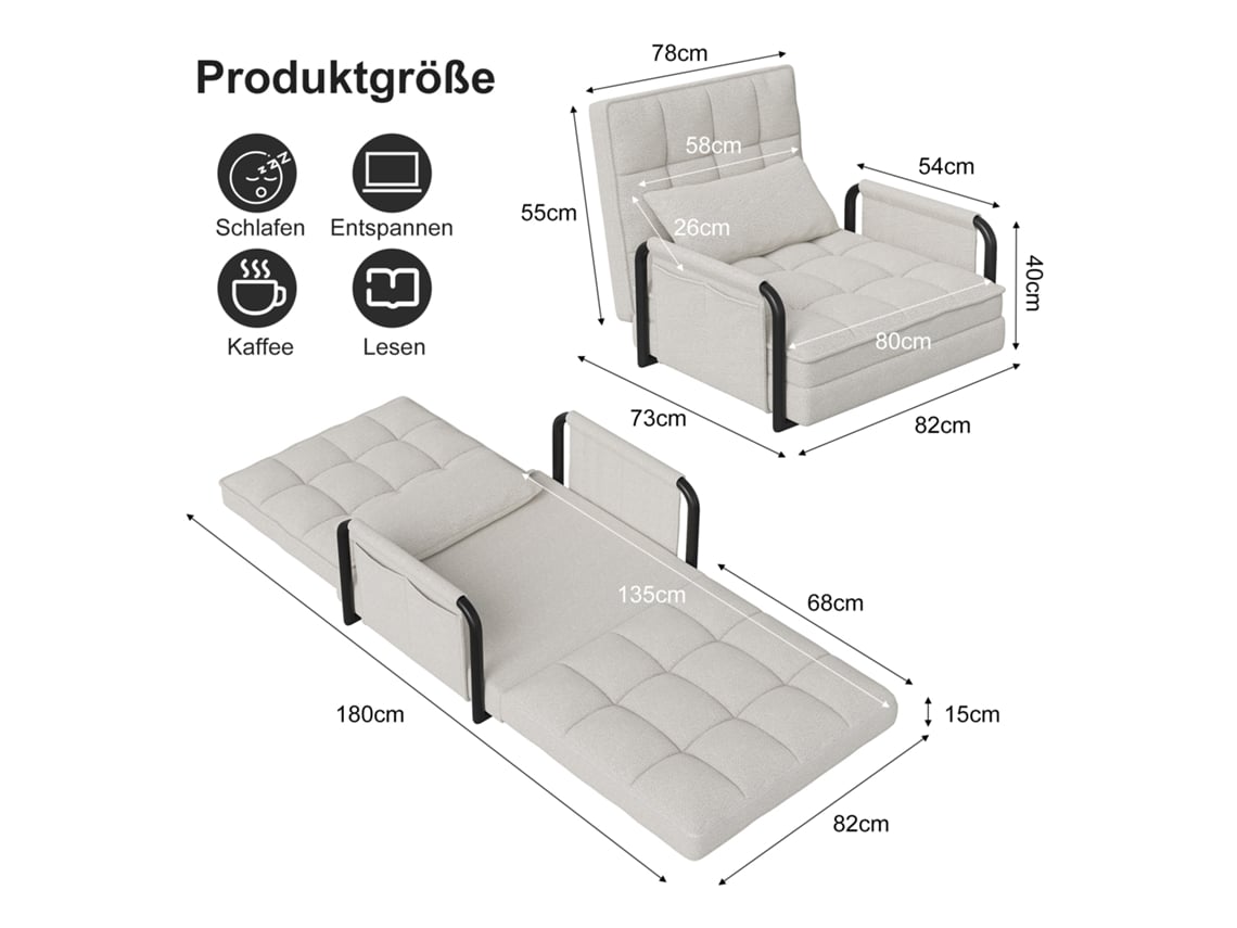 Sofá Cama, Poltrona Cama Dobrável 4 Em 1, Poltrona Reclinável Com Encosto Ajustável, Cadeira Para Cama Individual, Para Quarto E Sala De Estar Mexus