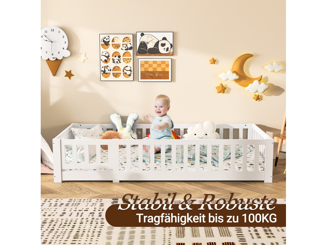 Cama Individual, Cama Em Madeira Maciã§a, Cama Em Madeira, 90x200 Cm, Cama Montessori De Pã©, Com Estrado De Ripas E Grade De Seguranã§a, Branca