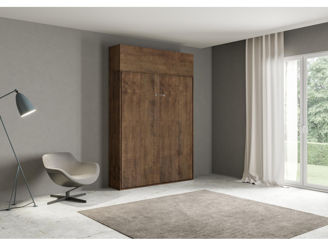 Cama Abatível 140 Vertical com Módulo a Parede Superior ITAMOBY Kentaro (154 x 39 x 250 cm - Painéis em Melamina - Nogueira)