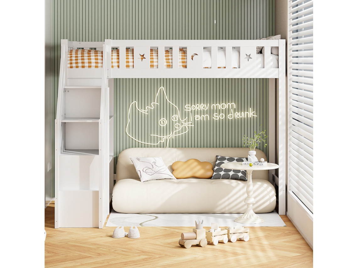 Cama De Solteiro Com Arrumação Alta Escada Prateleiras Pangshiyuan Madeira Maciça Branco (90x200)