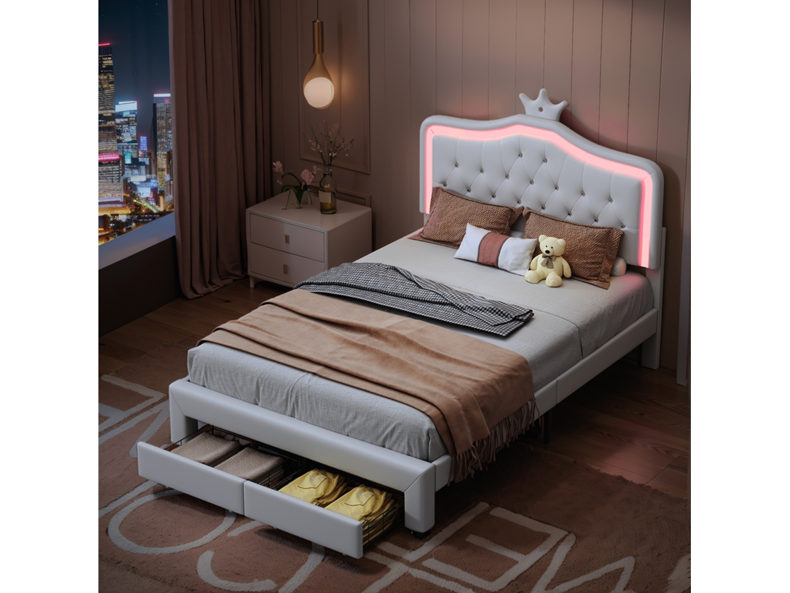 Cama Infantil 140x200 Cm Com Coroa E Luz Led Cama Infantil Com Armazenamento, Estrutura Em Pu E Gaveta, Branca Rosahqnda