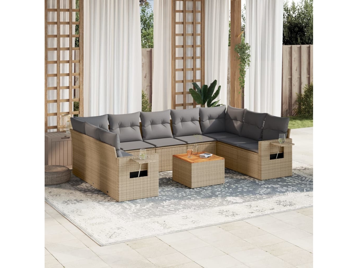Conjunto 10 de sofás p/ jardim com almofadões VIDAXL vime PE bege