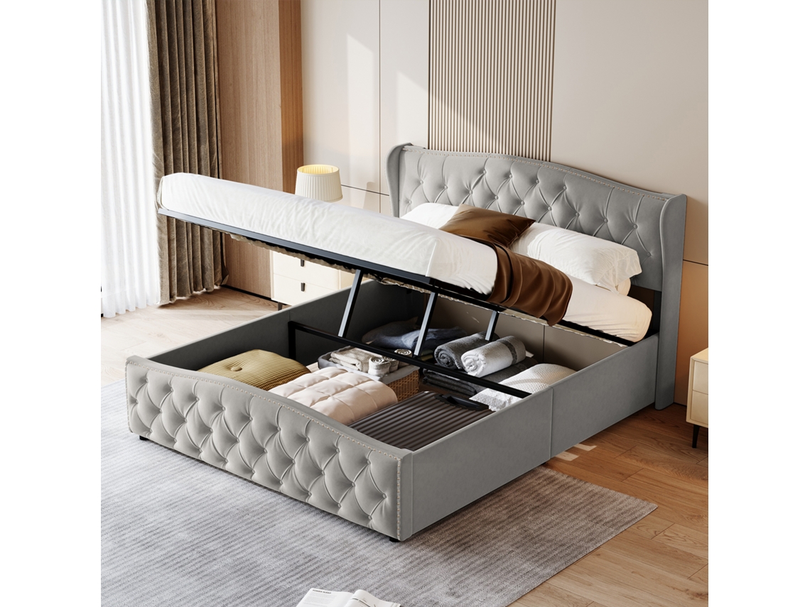 Cama Casal Hidrã¡ulica 160x200cm Com Led, Armazenamento Sob Cama, Veludo Samt Cinza Escuro, 250kg, Design Onda Moderno