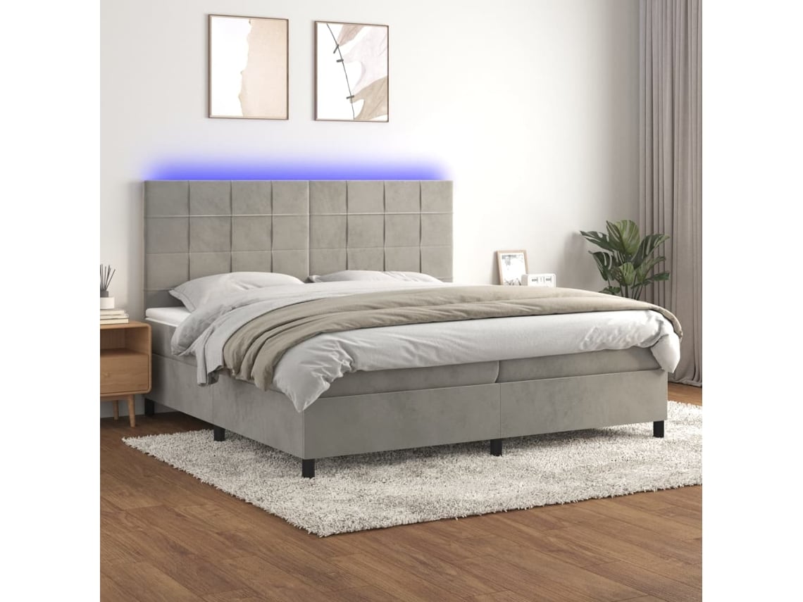 Cama Box Spring VIDAXL Colchão/LED (Cinzento - Veludo - 200 x 200 cm)