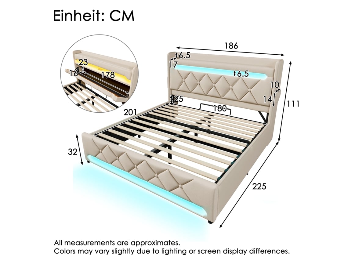 Cama Box Casal 180x200 Com Cabeceira Com Led 360°, Usb/tipo C E Baú Hidráulico, Linho Cinza (sem Colchão)
