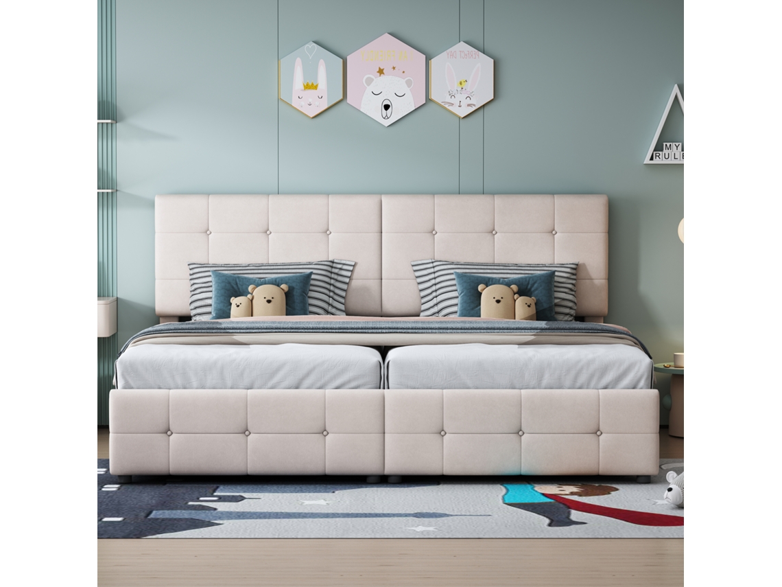 Cama De Casal Com Arrumação Estofada Hidráulica Alta Box Multifuncional Pangshiyuan Bege (180x200)