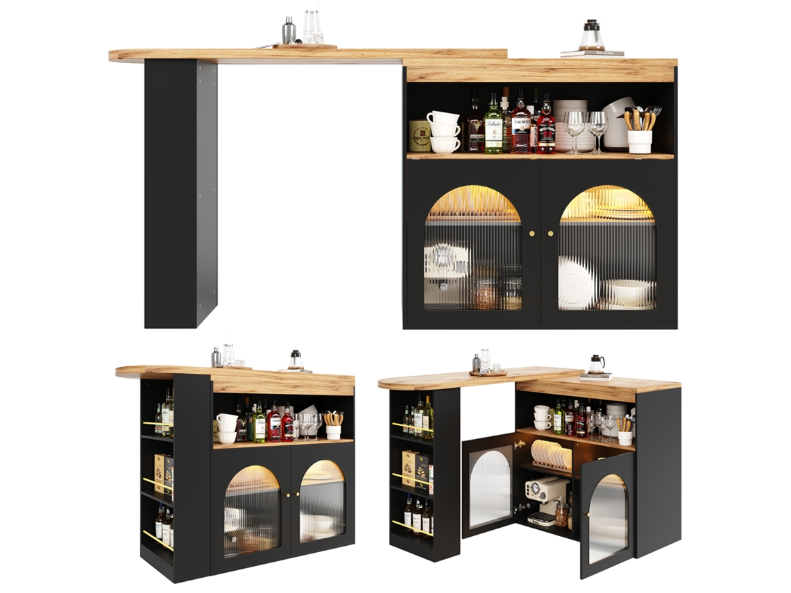 Mesa De Bar Extensível Moderna Com Led, Estrutura Giratória, Cor Preta Pangshiyuan (138 193x39x105cm)