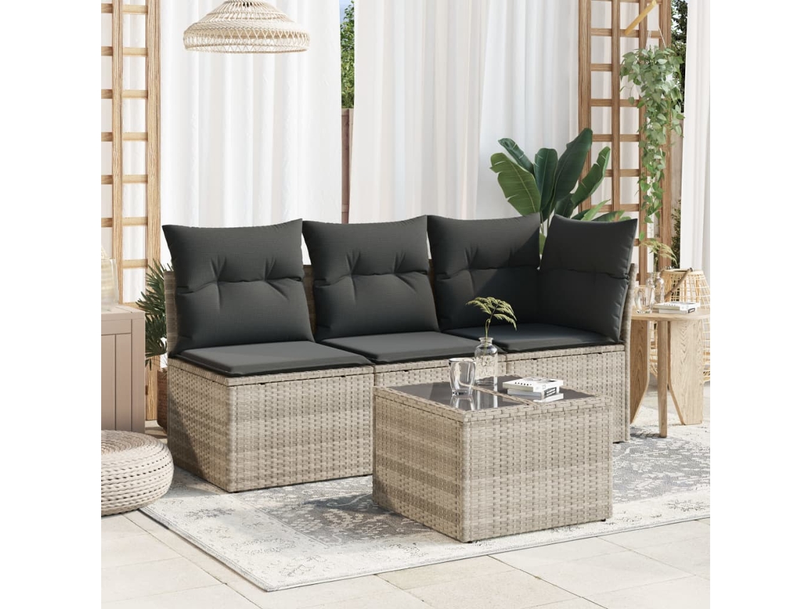 Mesa De Jardim Com Tampo De Vidro 55x55x37cm Vime Pe Cinza Claro