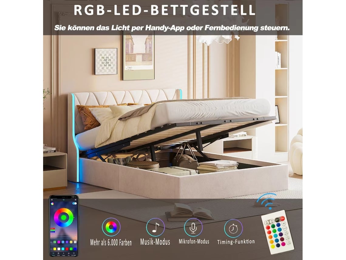 Cama Estofada 140x200 Cm, Cama De Casal, Suporte De Mola Pneumática, Com Caixa De Armazenamento, App Control Led, Tecido De Veludo Bege