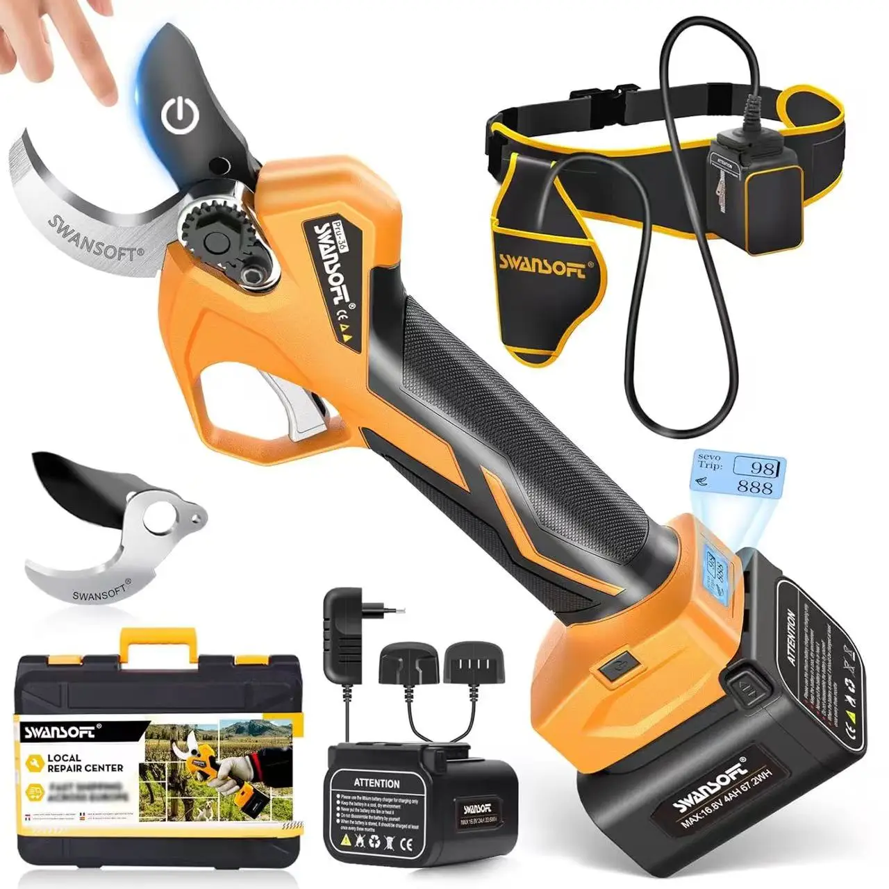 Tesoura De Poda Elétrica, Alimentada Por Bateria, Corte Eficiente, Amarelo, Duas Baterias Oem