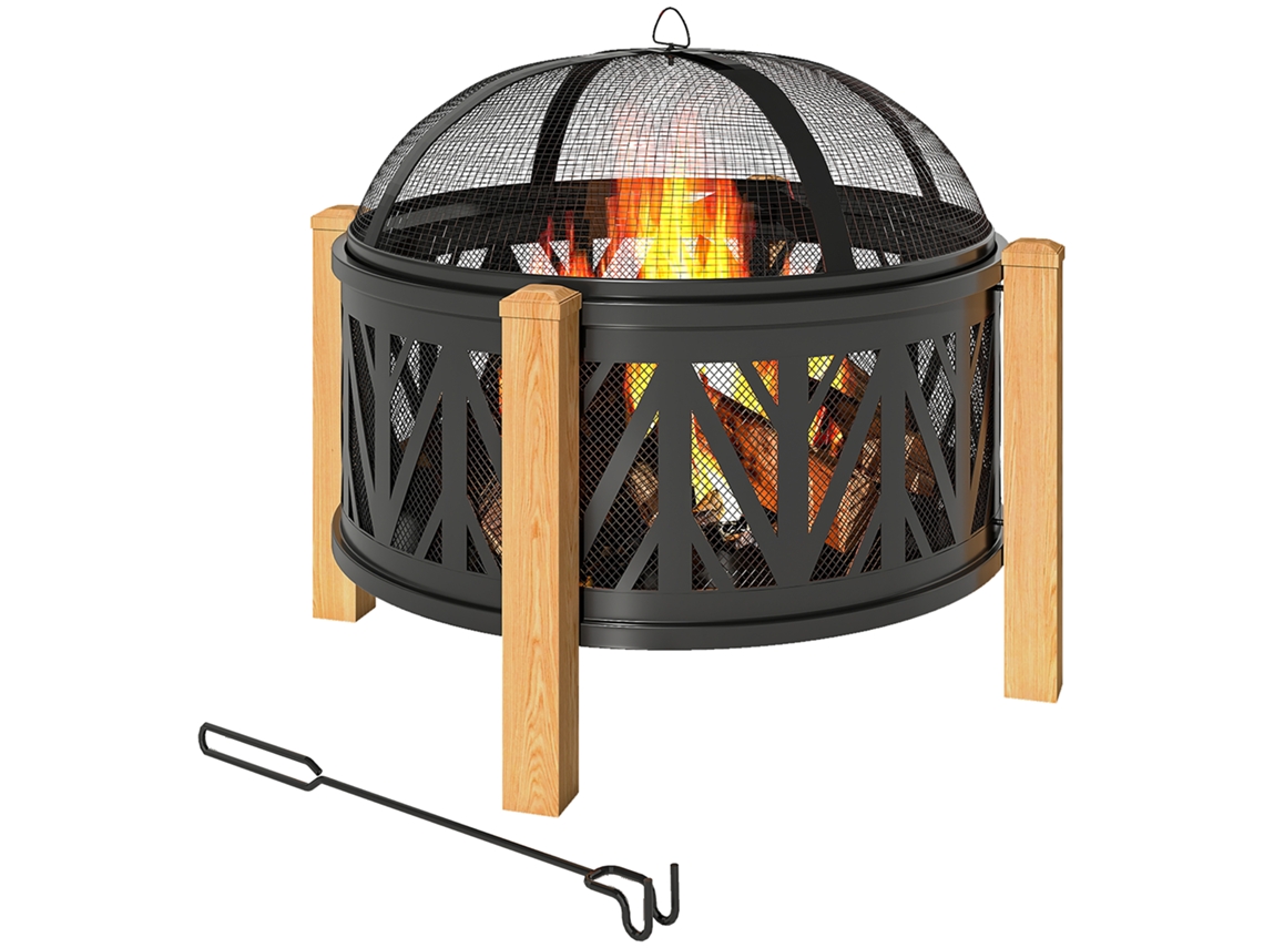 Fogueira 2 Em 1 Ø75 X 58 Cm Com Tela Anti Faíscas, Atiçador E Grelha, Preta. Btforus