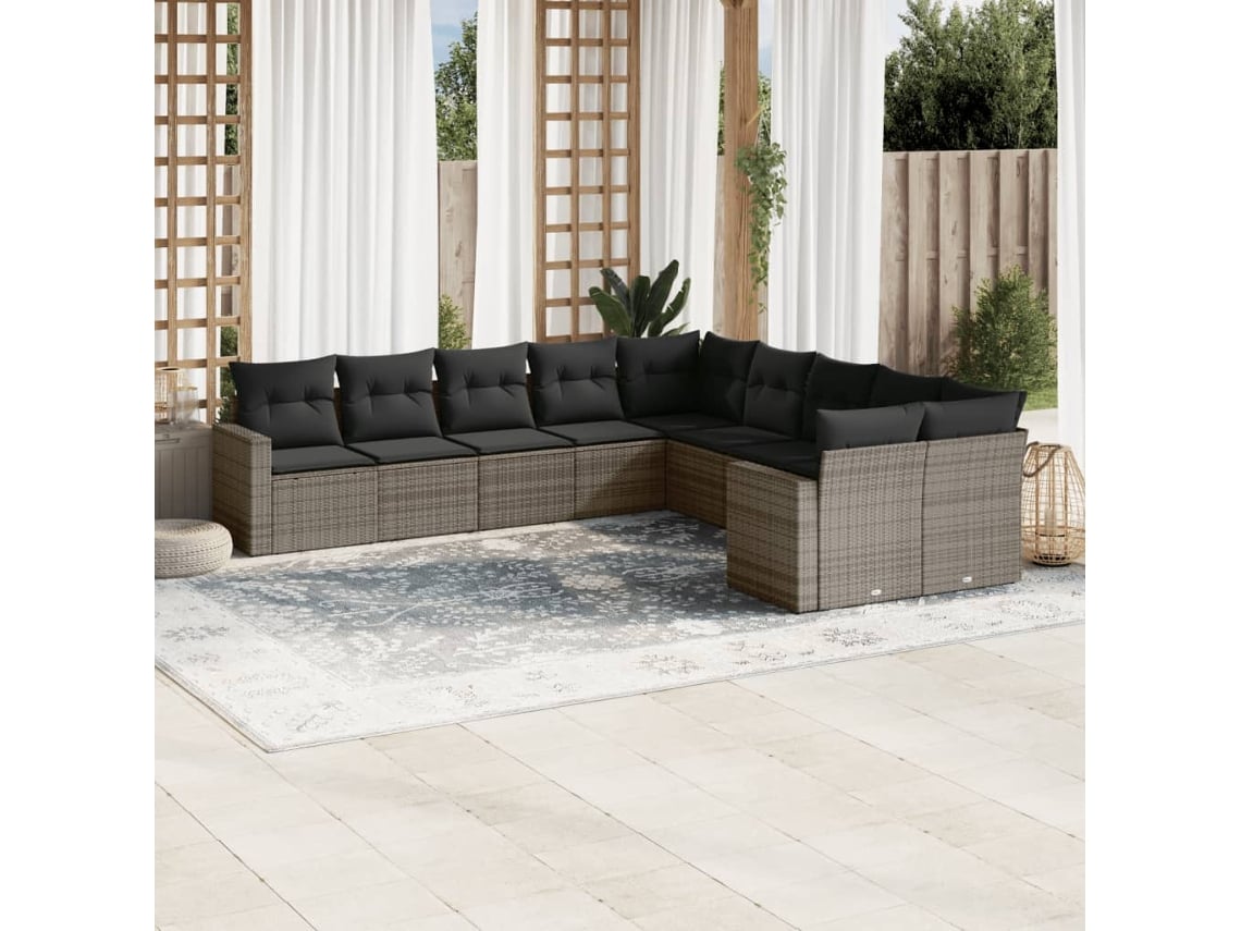 Conjunto 10 sofás de jardim c/ almofadões VIDAXL vime PE cinzento