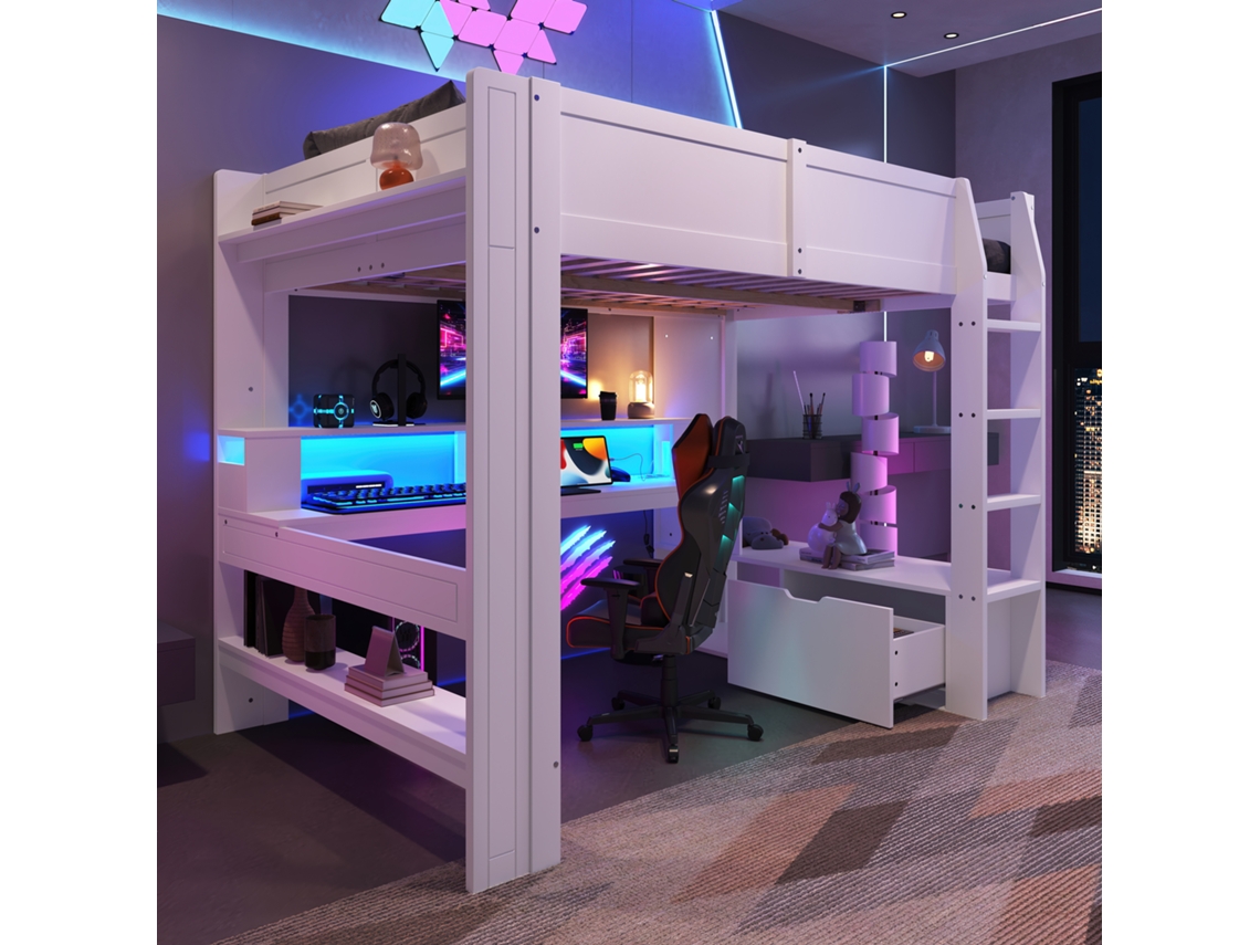 Cama Alta Com Escrivaninha E Led, Design Gamer, Madeira De Pinheiro, Branco Haochrymec (218 X 153 X 155 Cm)