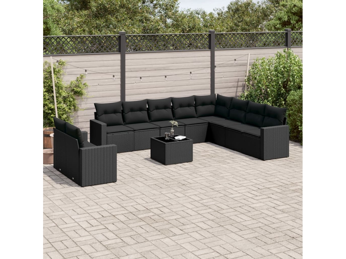 Conjunto 11 sofás de jardim c/ almofadões VIDAXL vime PE preto