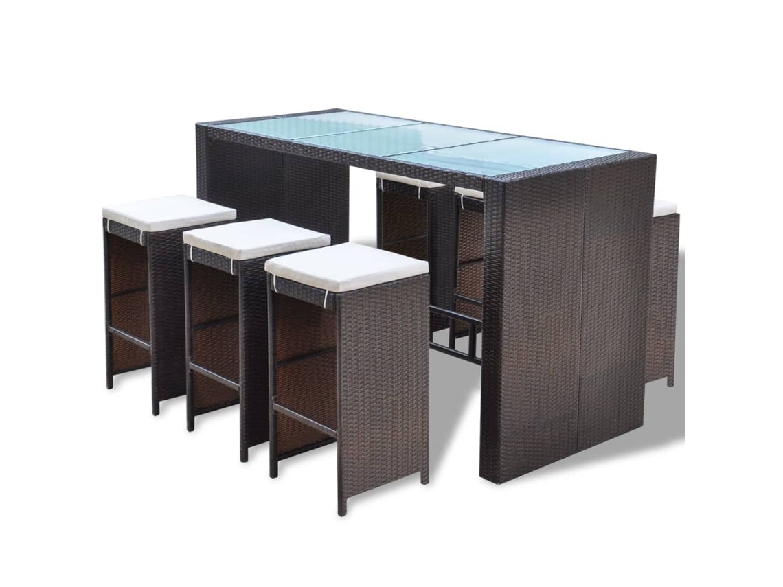 Mesa de Bar de Jardim e Cadeiras 7 Peças e Almofadas de Vime Poli Marrom