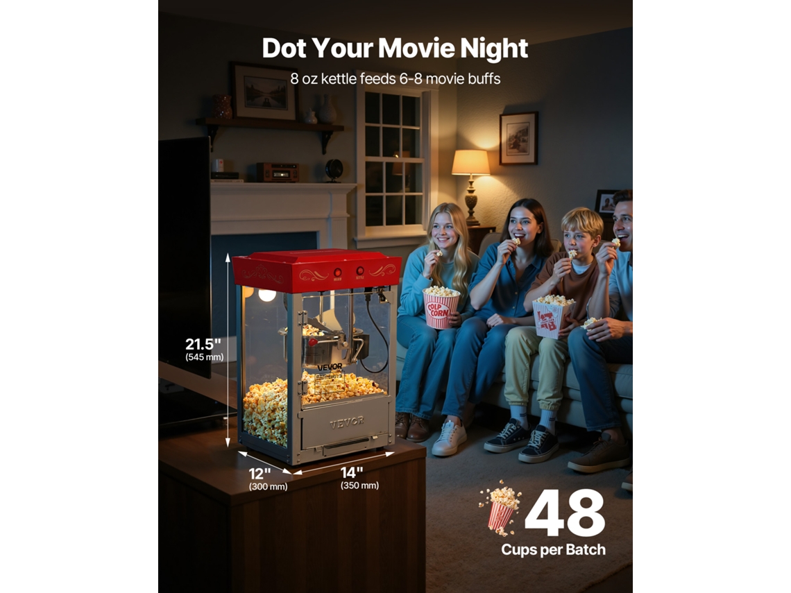 Máquina De Pipocas De Bancada 800 W 0,2 Kg Vermelha 48 Chávenas Vevor