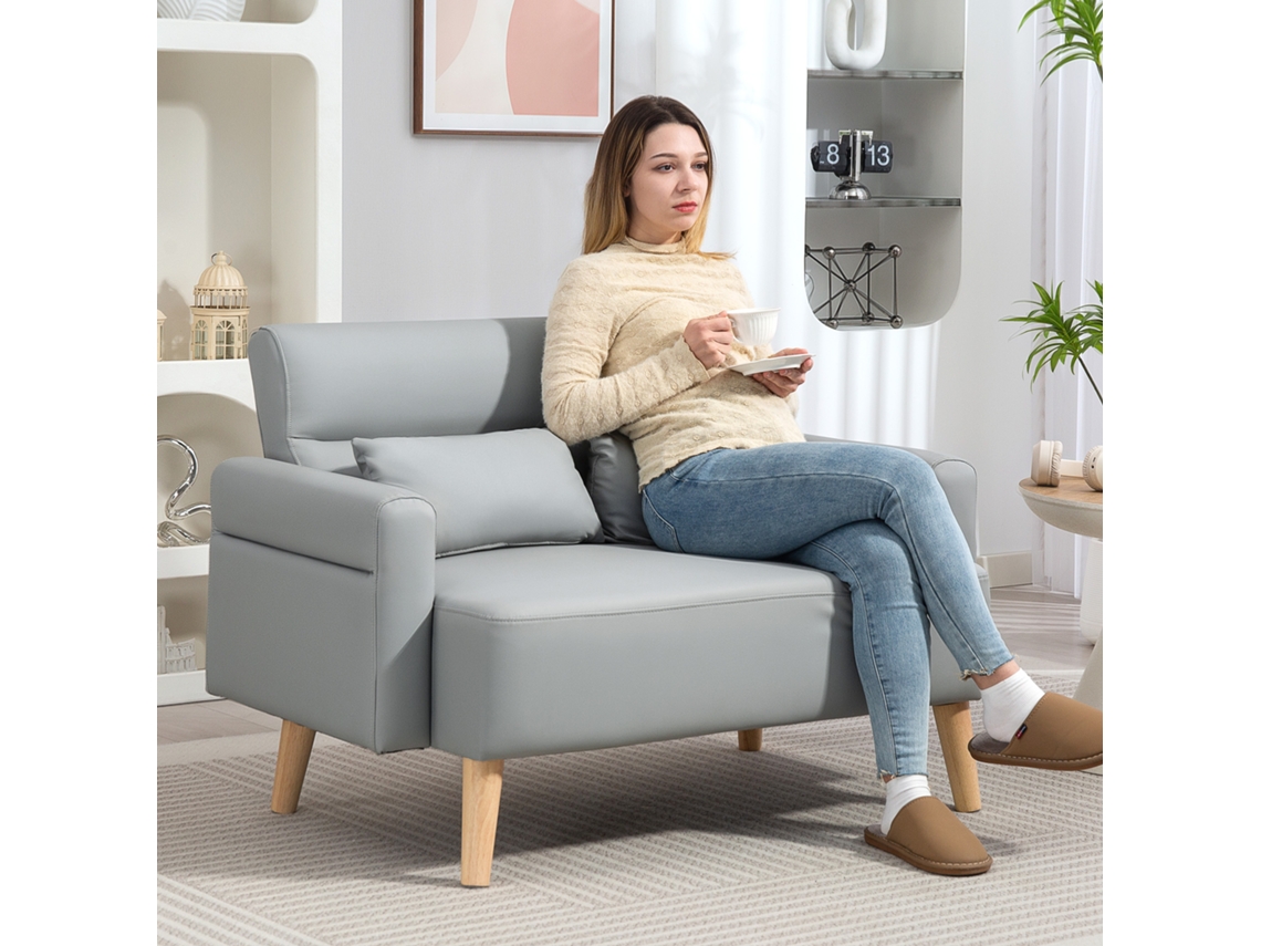 Sofá 2 Lugares Couro Sintético E Madeira De Borracha Cor Cinza 117x78x78 Cm Homcom