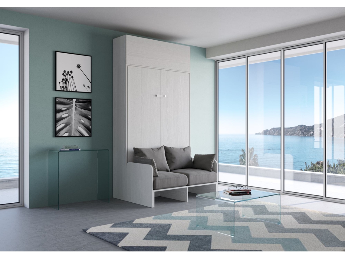 Cama Abatível 140 Vertical Sofà com Módulo a Parede Superior ITAMOBY Kentaro Sofà (154 x 105 x 250 cm - Painéis em Melamina - Freixo Branco)