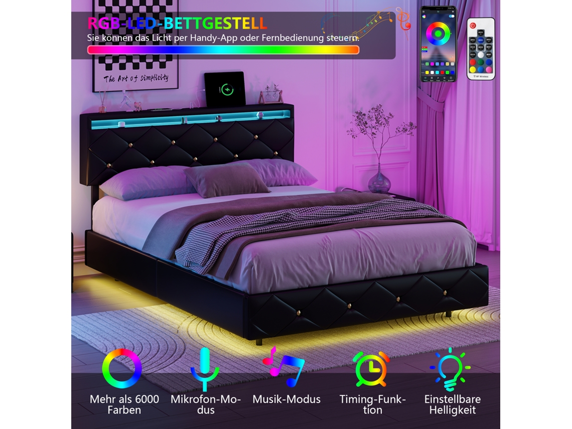 Cama Estofada 160x200 Cm, Cama De Casal, Usb Tipo C, App Control Led, Cama Flutuante , Tecido De Couro Pu Preto