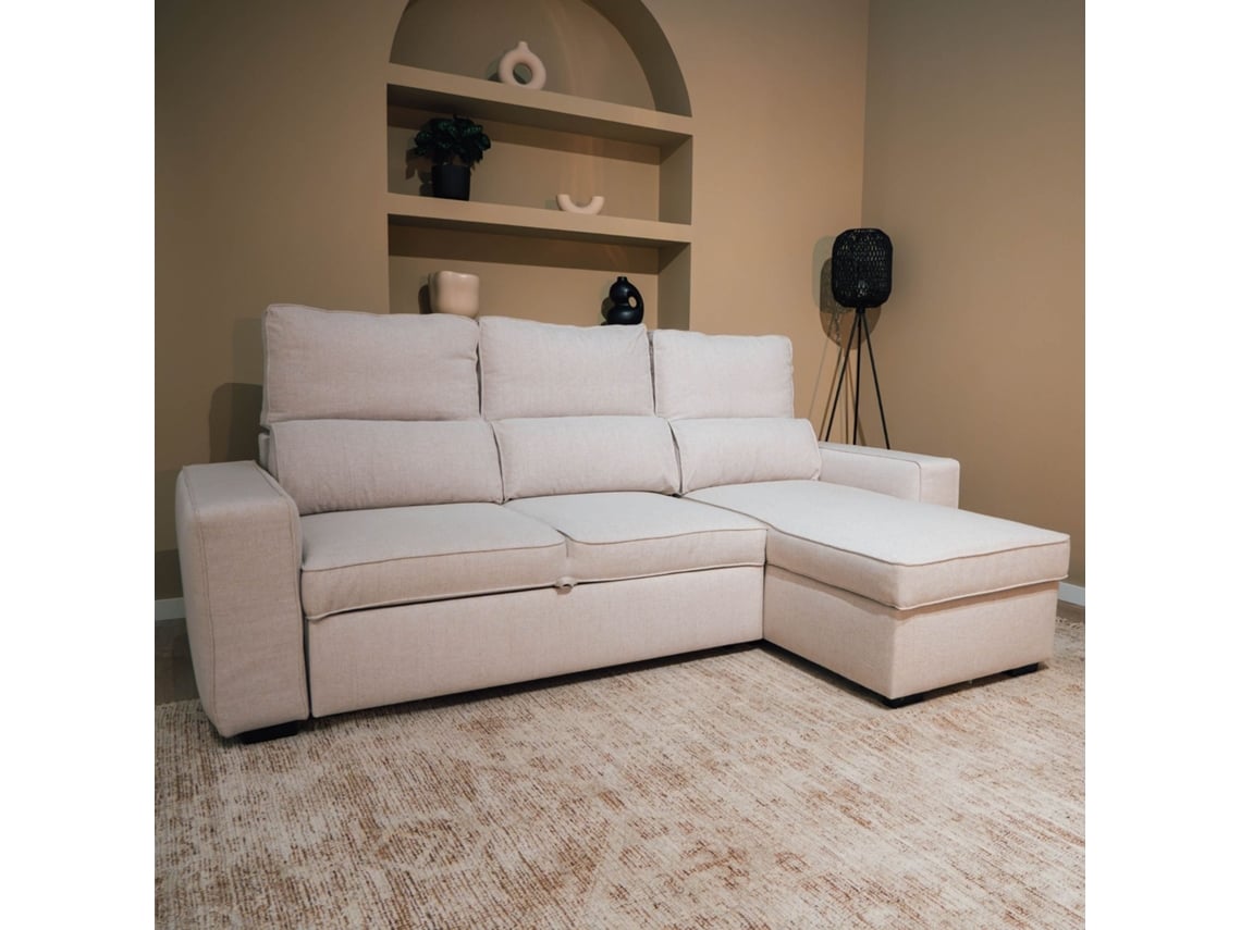 Sofá Cama 3 Lugares BUDWING Harper Bege + Chaise Longue + Arrumação Integrada (248,5 x 117 x 90 cm - Reversível Lado Direito/Esquerdo)