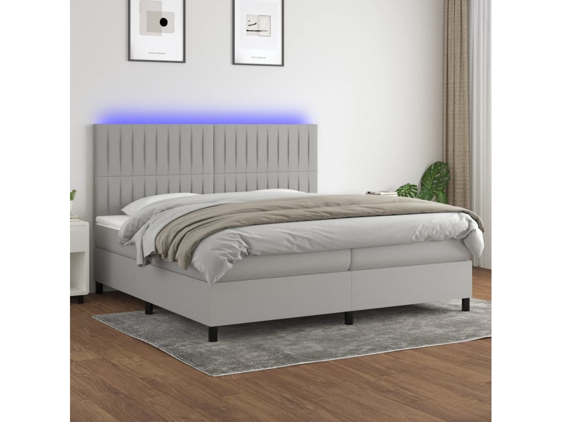 Cama Box Spring VIDAXL Colchão/LED (Cinzento - Tecido - 200 x 200 cm)