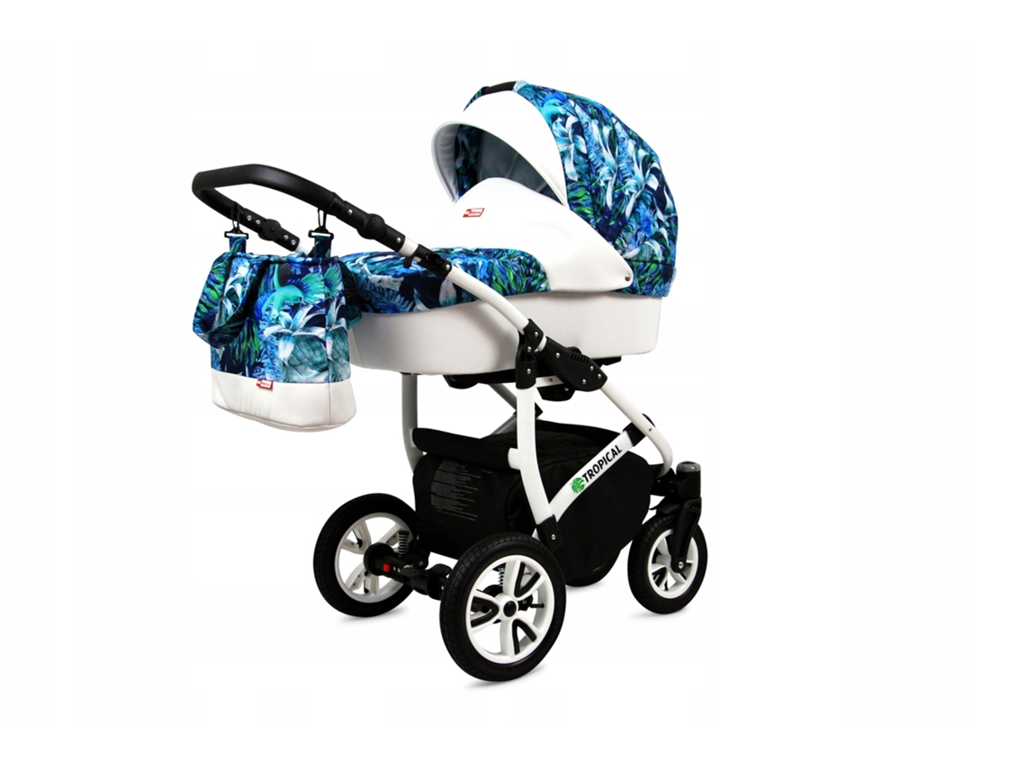 Carrinho De Bebé Multifuncional Babylux Tropical 3 Em 1 -mint Parrots - Ajustável E Dobrável Construção Leve Em Alumínio - Acessórios