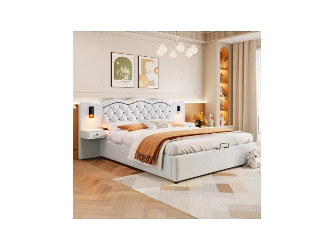 Cama Box Casal 180x200cm Com Cabeceira Acolchoada, Mecanismo Hidráulico, Usb, Abajures E Amplo Armazenamento - Bege