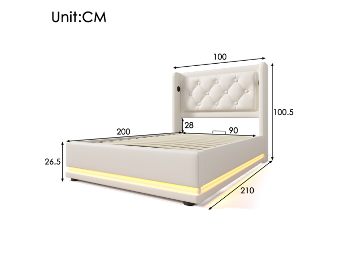 Cama Box Branca Com Armazenamento Hidráulico, 90x200 Cm, Cabceira Acolchoada, Usb Tipo-c E Led 3 Lados (inclui Colchão)