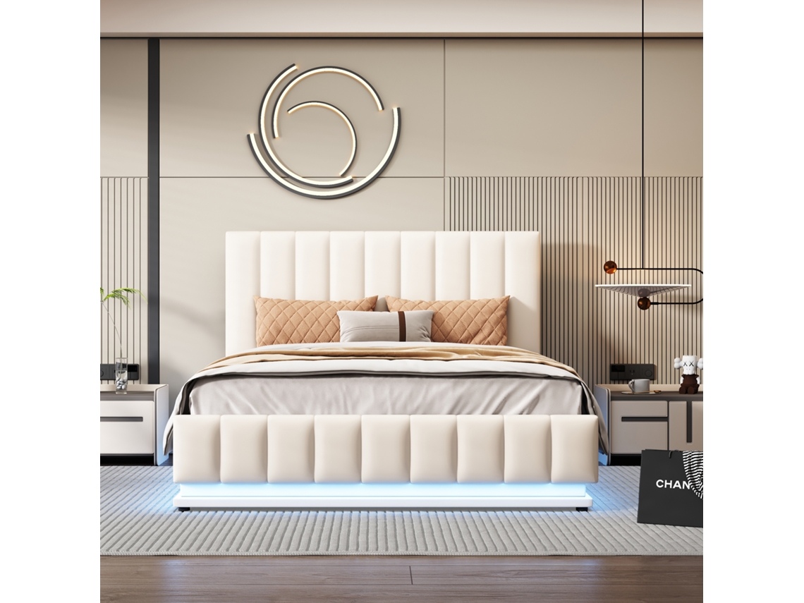 Cama Box 140x200 Cm Com Led, Suporte De Metal E Gavetão - Cama Casal Com Cabeceira Ajustável E Armazenamento Hidráulico, Branco (sem Colchão)