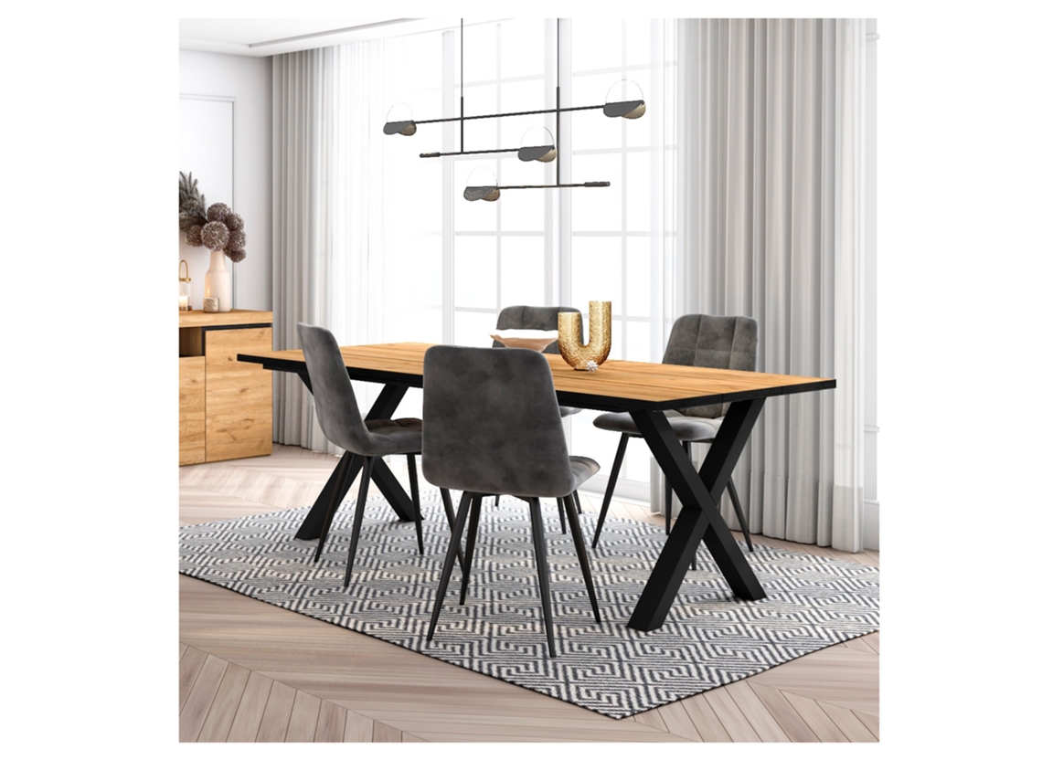 Conjunto Móveis Mesa de Sala de Jantar 200 Oak e Preta Industrial Mesa Jantar Conjunto de 4 Cadeiras de Jantar Cadeira Estofada DUERMETE ONLINE