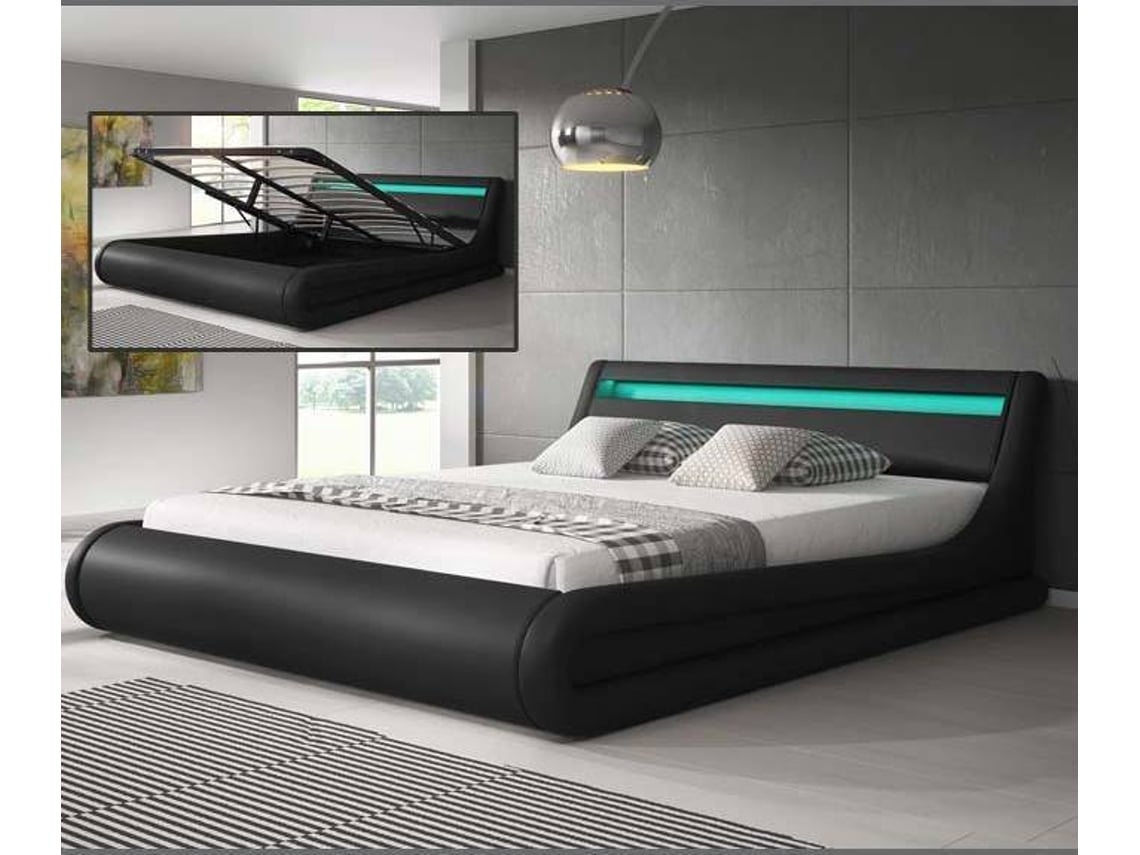 Cama Parisina MÓVEIS BONITOS (Preto - Polipele - Compatível com Colchão 180x200cm - com Estrado Elevatório)